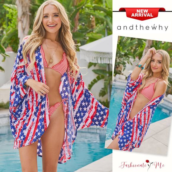 And The Why American Flag Print Dolman Sleeves Open Front Kimono Cardigan | Red - Picture 1 of 8